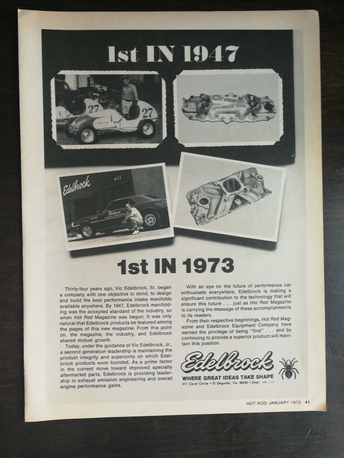Vintage 1973 Edelbrock Equipment Company Full Page Original Ad 1221