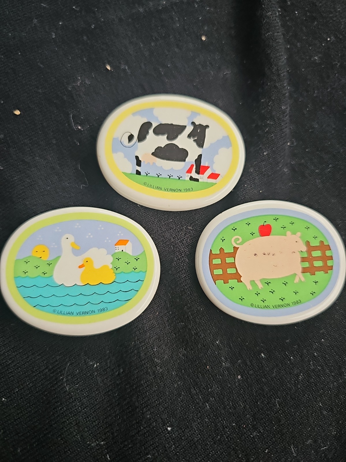 Lot of 3 Vtg 1983 Lillian Vernon Ceramic Tile Magnets Cow Pig Duck Farm Animals