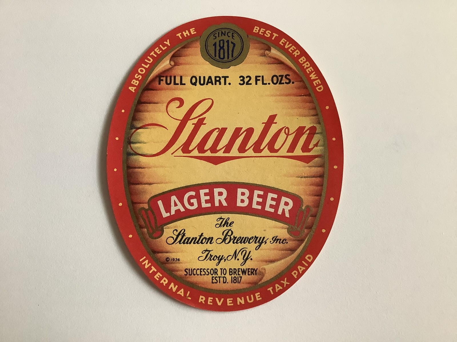 1930s STANTON LAGER BEER UNUSED IRPT LABEL, TROY NY INTERNAL REVENUE TAX PAID