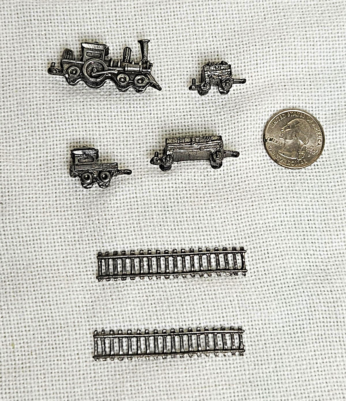 Vintage Miniature Pewter Train Set Lot of 6 Locomotive Cars Tracks SML Engraved