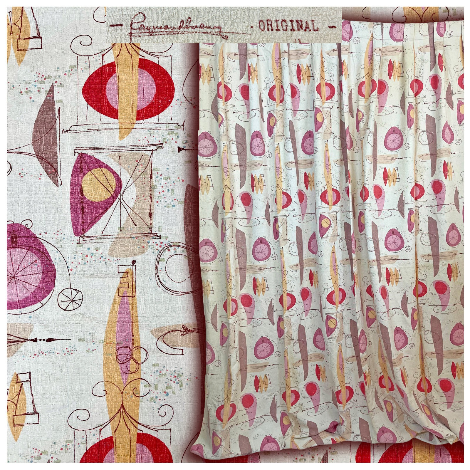 Vintage Raymond Loewy Barkcloth Curtain Panel 1954 Signed Atomic Mid Century Mod