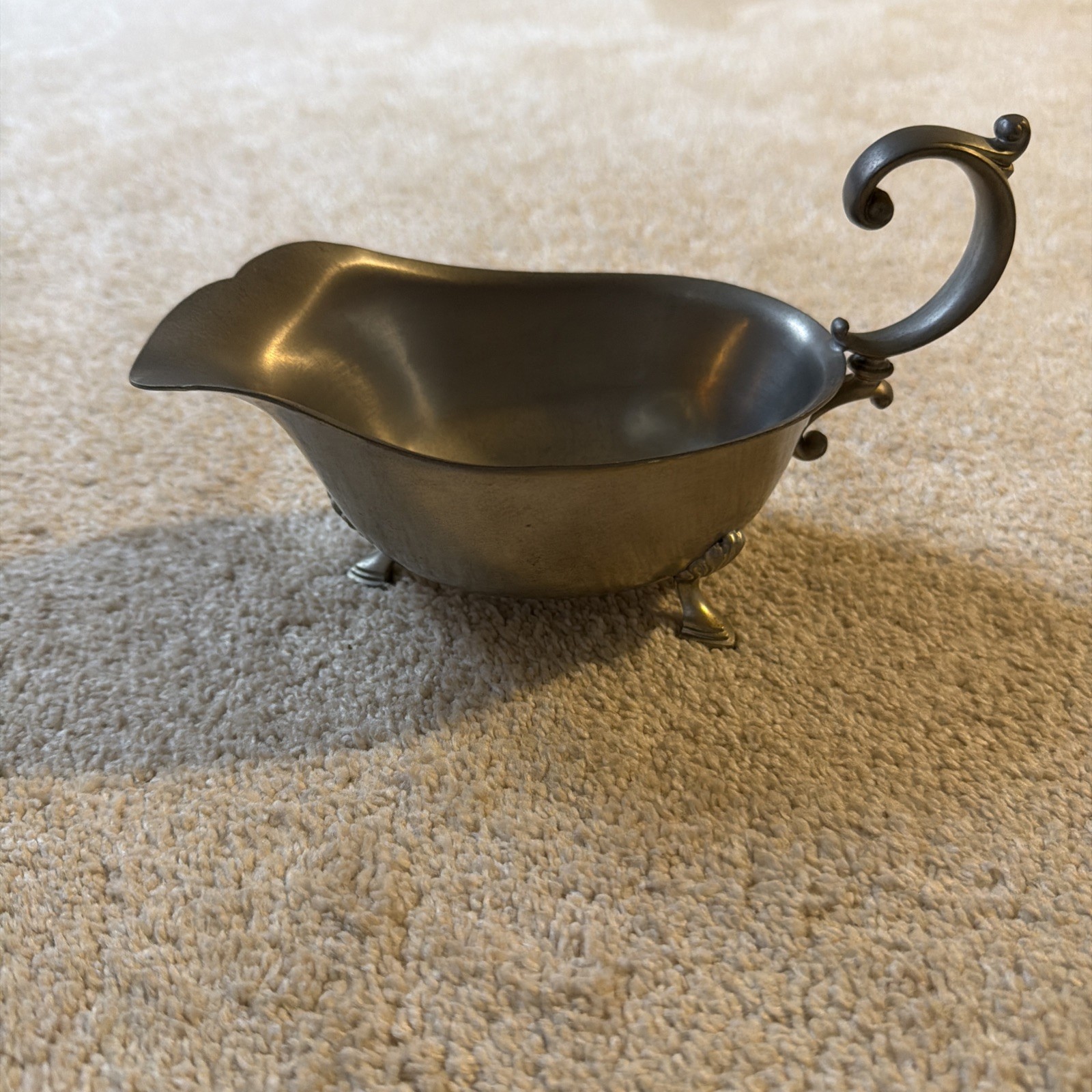 Vintage Pewter Gravy Boat Sauce Server Footed Scroll Handle 4.5” Tall