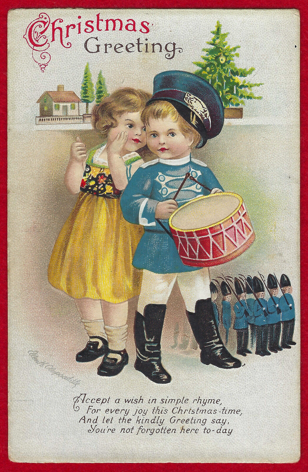 Vtg Clapsaddle Christmas Children Toys Drum Military Uniform PC A/S Emb c1915