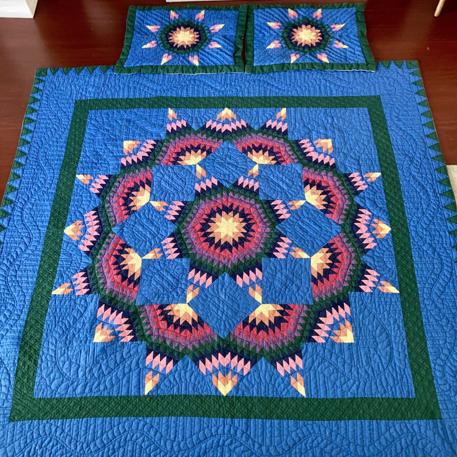 Vintage Arch Quilts Rainbow Stitched Broken Star Quilt 82”x81 ” & 2 Pillow Shams
