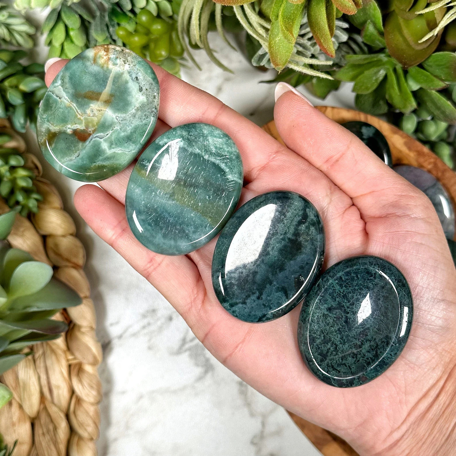3PCS Genuine Moss Agate Worry Stone Green Thumb Healing Crystal Meditation Tool