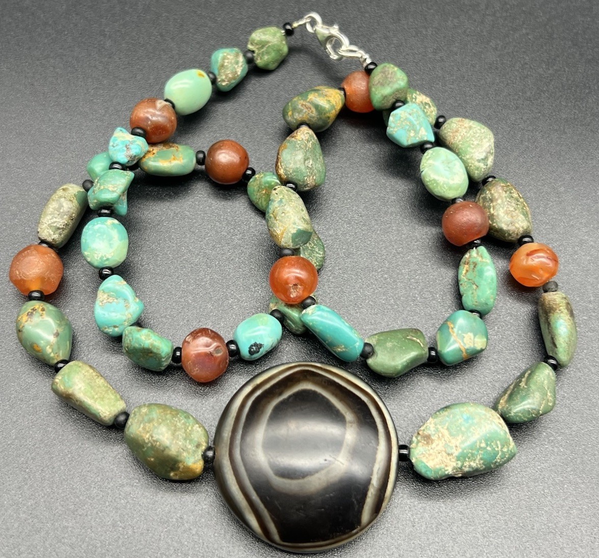 Natural  Turquoise Beads Necklace Evil Eye Banded Agate Amulet Red Agate Mala