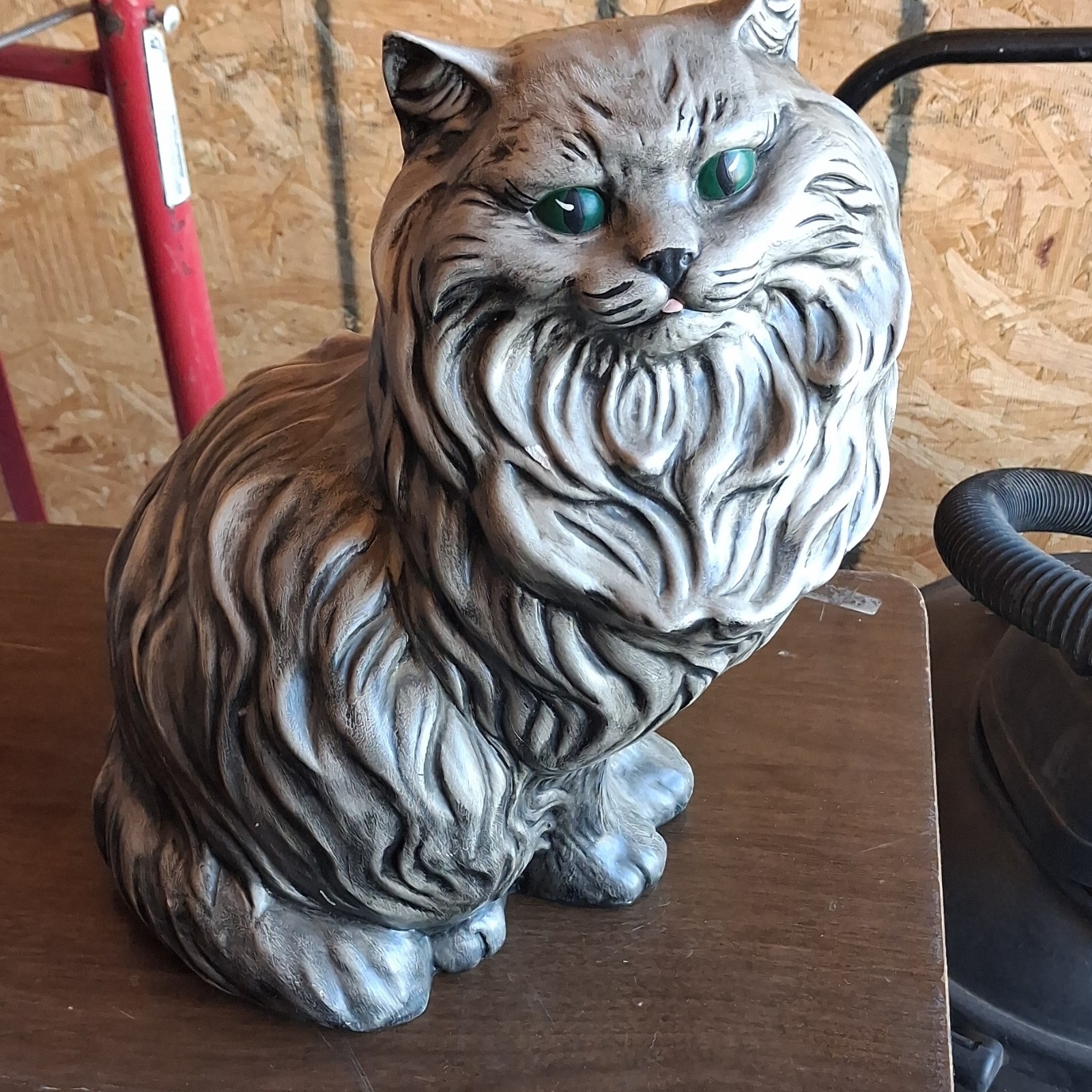 Vintage Gray Long-Haired Cat Figurine with Green Eyes, Ceramic