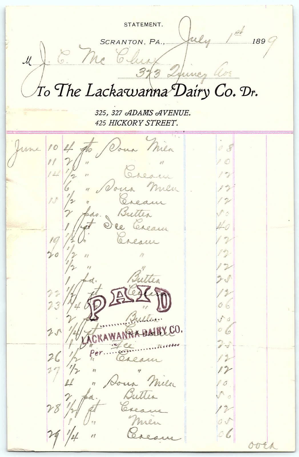 1899 Lackawanna Dairy Co. Scranton PA PAID billhead