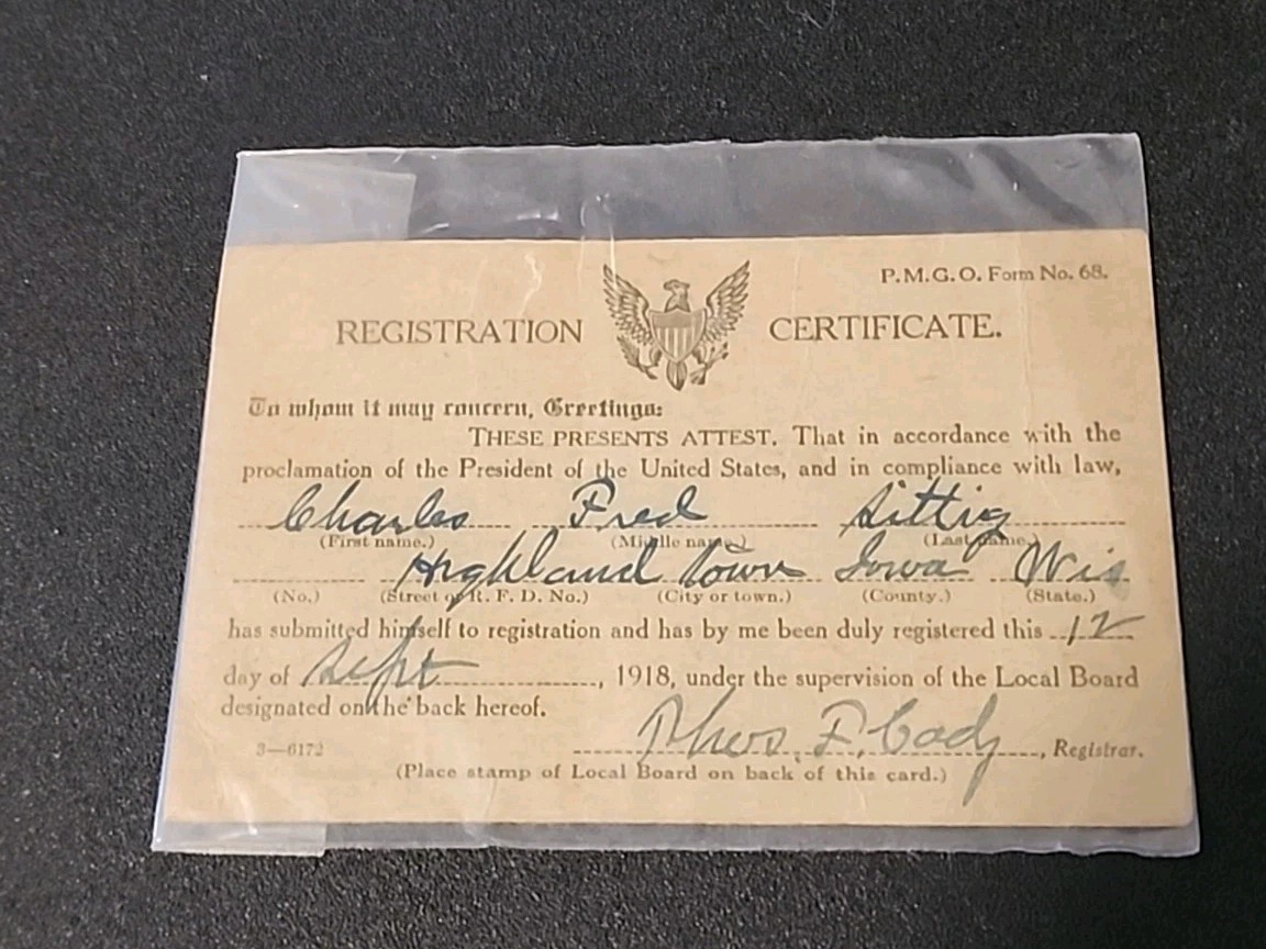 WW1 REGISTRATION CERTIFICATE DRAFT CARD 1918 Iowa City WI Charles Fred Sittig