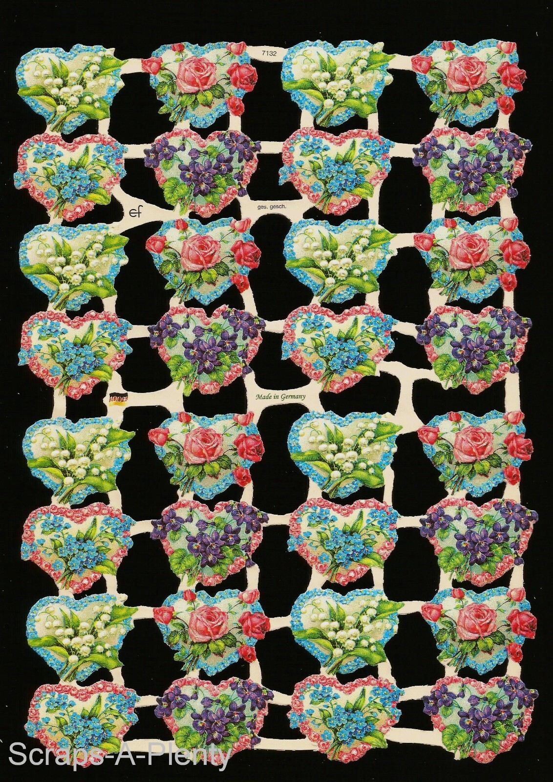 German Embossed Vintage Style Scrap Die Cut - Valentine Flowered Hearts  EF7132