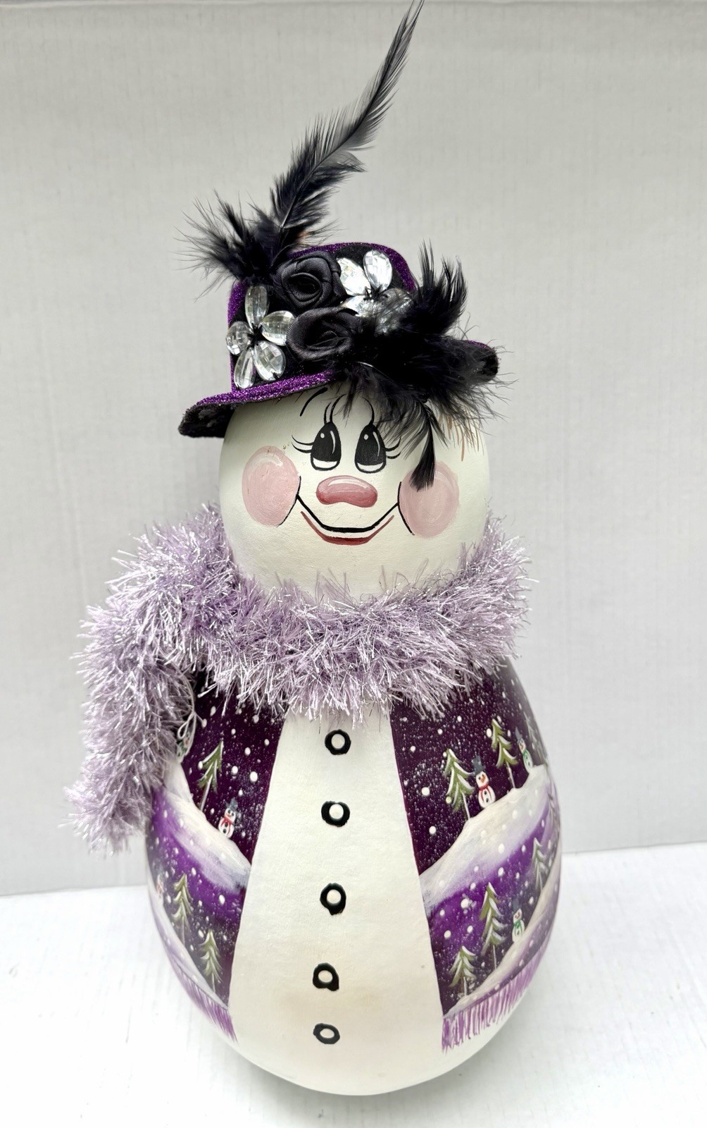 Hand Painted Snowman Gourd 15” Signed 2012 Purple Winter Scene Folk Art L@@K