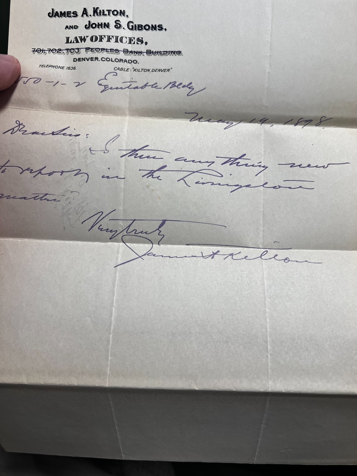 1898 James A Kilton & John Gibons Law Offices Denver CO Signed Letter