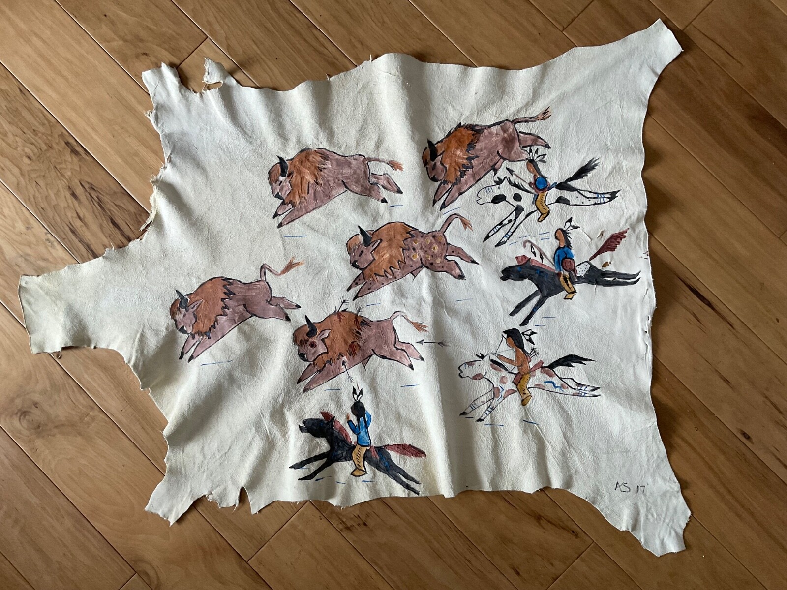 Native American Indian Buffalo Hunt Hide Ledger Story Painting Artist Signed