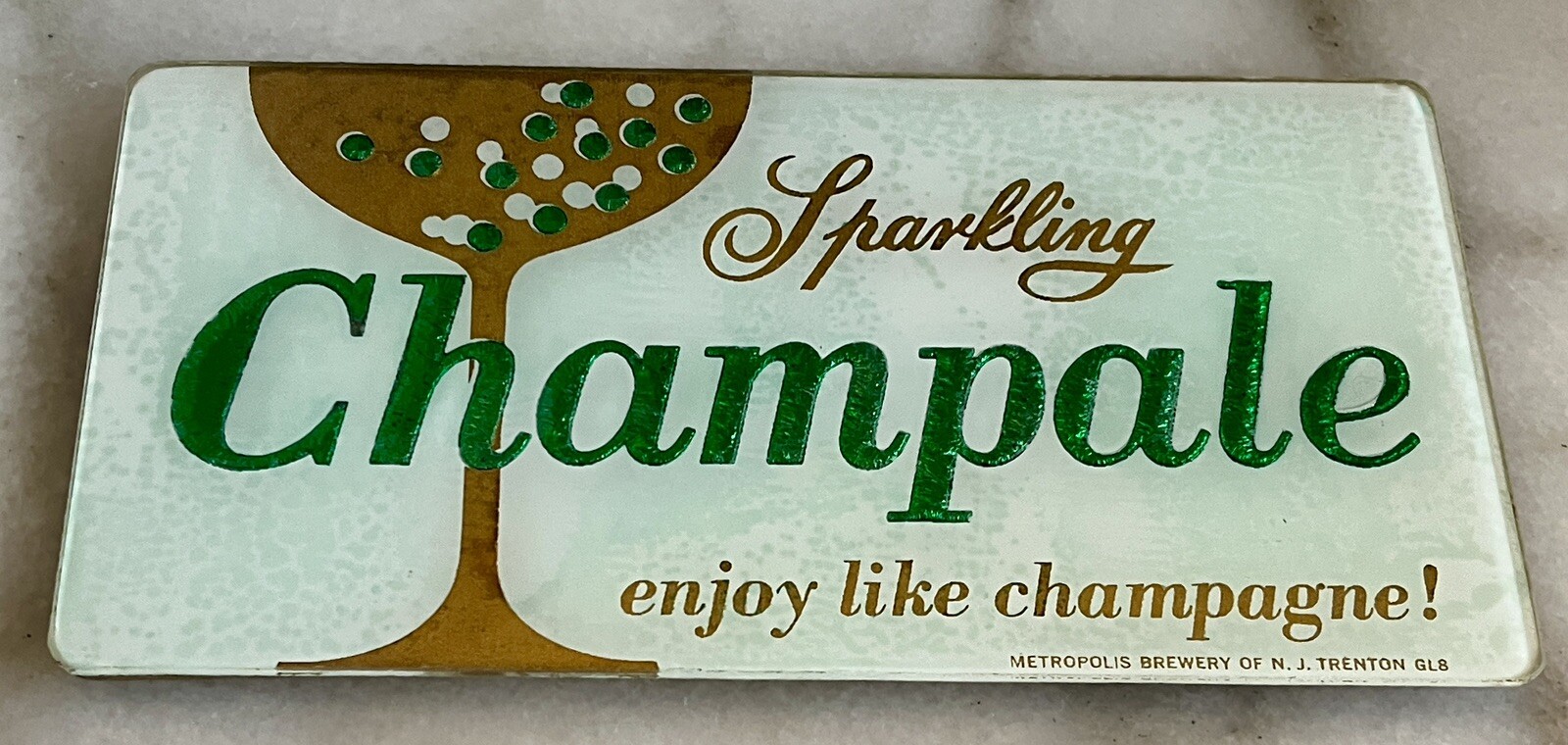 Vintage Sparkling Champale Advertising Glass Sign Metropolis Brewery NJ 4”x8”