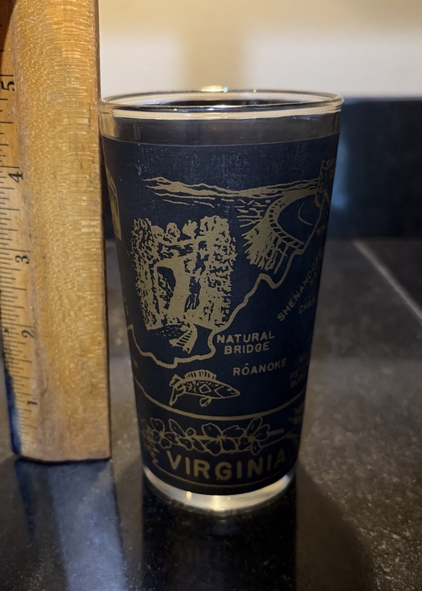 Vintage ~ Commonwealth of Virginia ~ Black & Gold Souvenir Glass Tumbler 4.75”