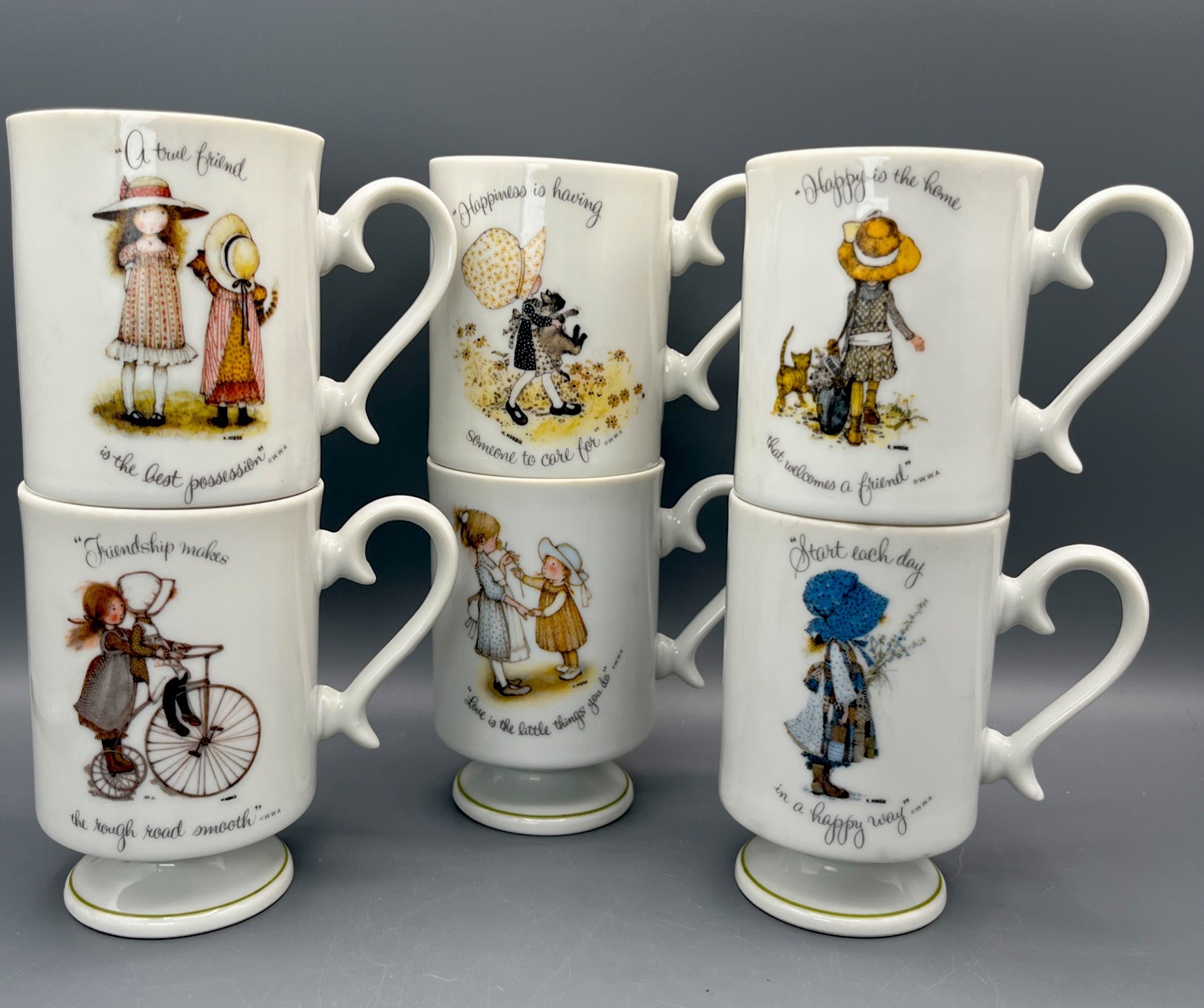Vintage 1973 Holly Hobbie Pedestal Mugs Set of 6 Porcelain Japan World Wide Arts