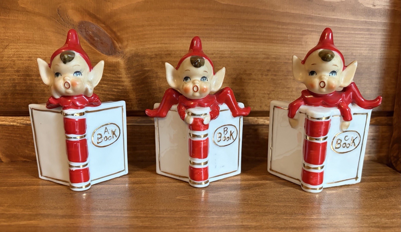 3 vintage rare Christmas Pixie Elves figurines books A, B, C Japan