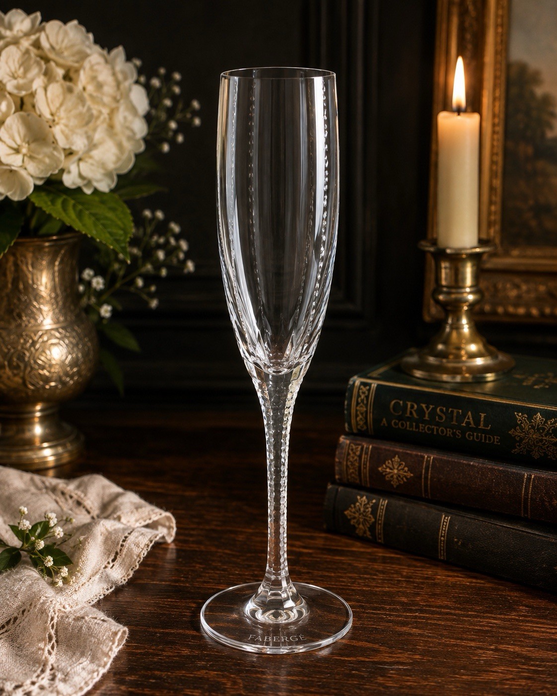 Faberge Bristol Atelier Crystal Champagne Flute 10 1/8” Signed Single Glass
