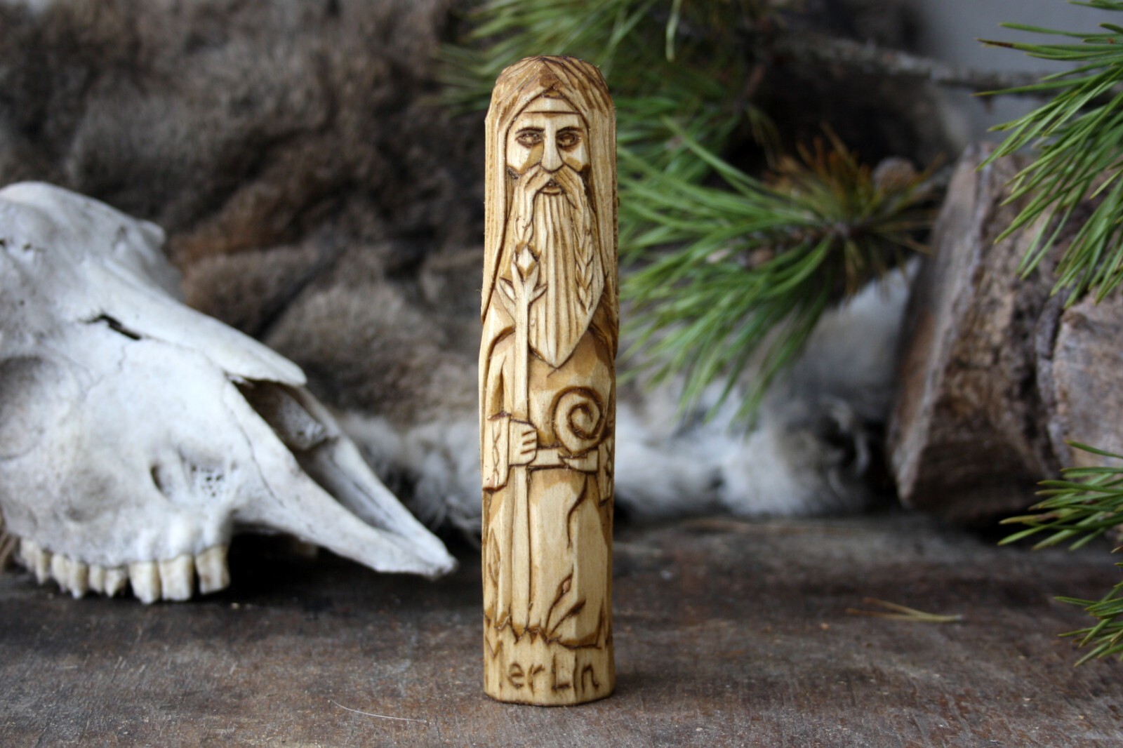 Small wooden statue of MERLIN. Celtic mythical figure MERLIN figurine