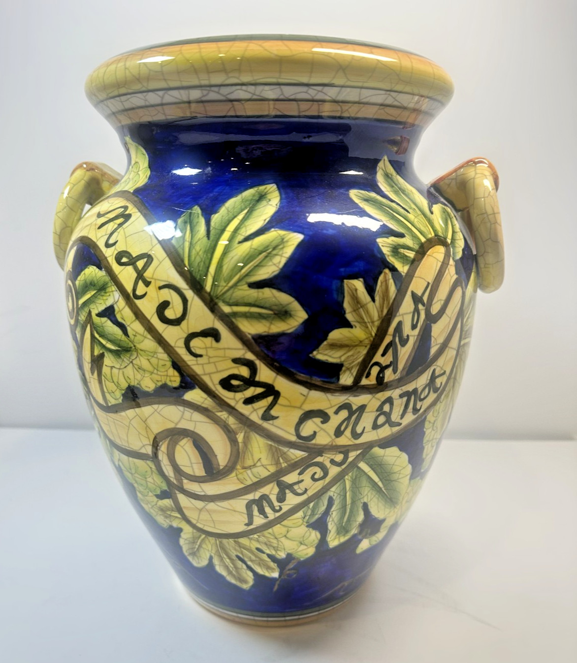 Exoticals by Fitz & Lloyd Large Vase Vibrant Blue Glaze W/Scroll Banner Signed