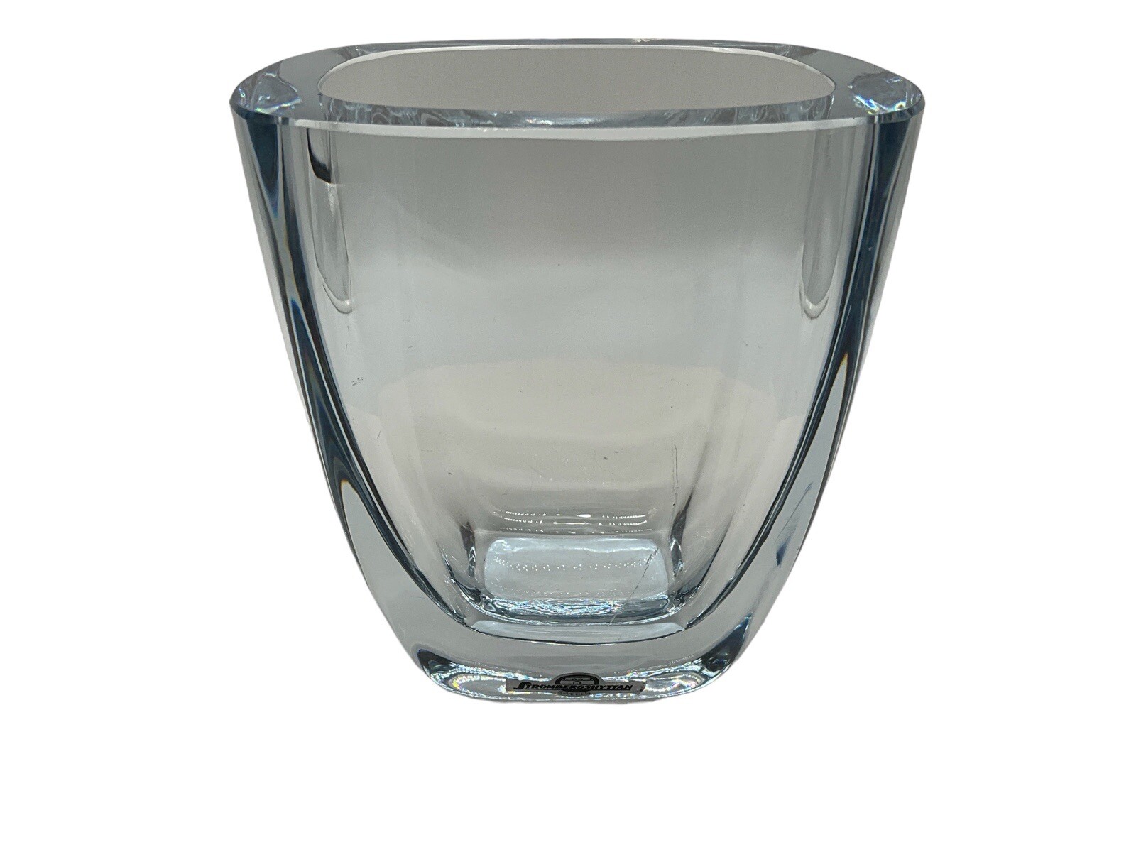 Vtg Strombergshyttan Swedish Art Glass Crystal Vase Blue Hue Artist Signed MCM