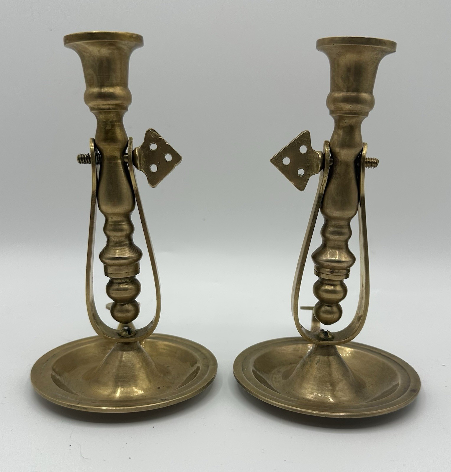 Vintage Pair 2 Brass Gimbal Swivel Nautical Ships Chamberstick Candle Holder 6”