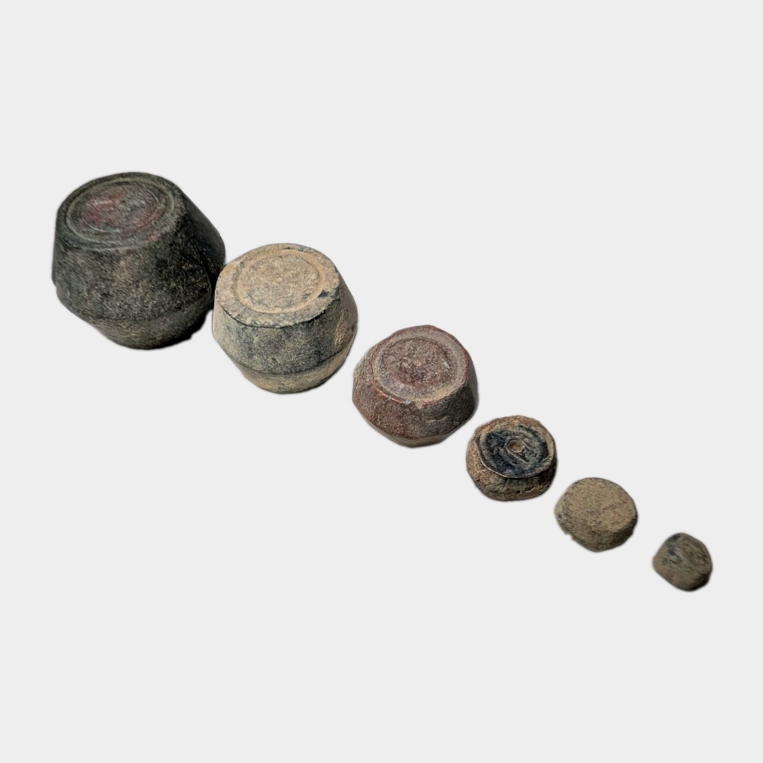 Ancient Byzantine 6-Piece Bronze Weight Set 112.31g Lathe-Turned Uncia Standard