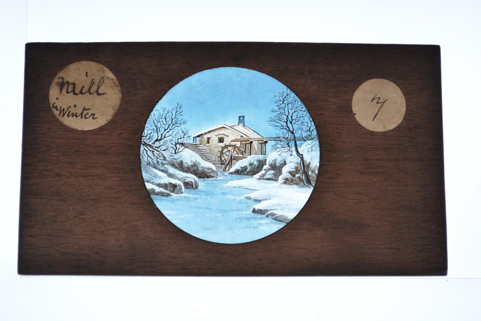 Water Mill Winter Snow Landscape Wooden Lantern Slide