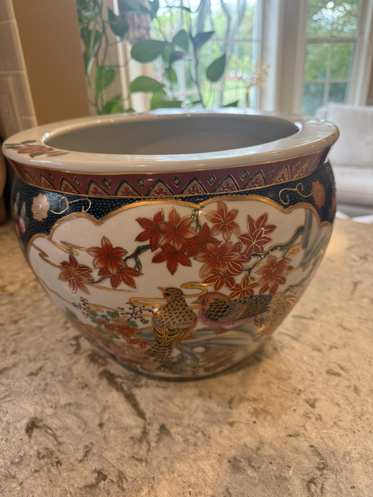 Vintage Porcelain Asian Fish Bowl Planter Pot Koi Chinoiserie 12x10 Floral Vintage Porcelain Asian Fish Bowl Planter Pot Koi Chinoiserie 12x10 Floral