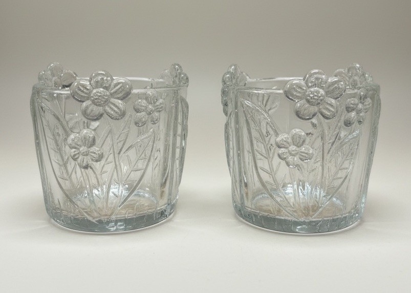 Vtg Homeco Daisy Votive Candle Holder 3D Floral Clear Glass Toothpick Holder (2)