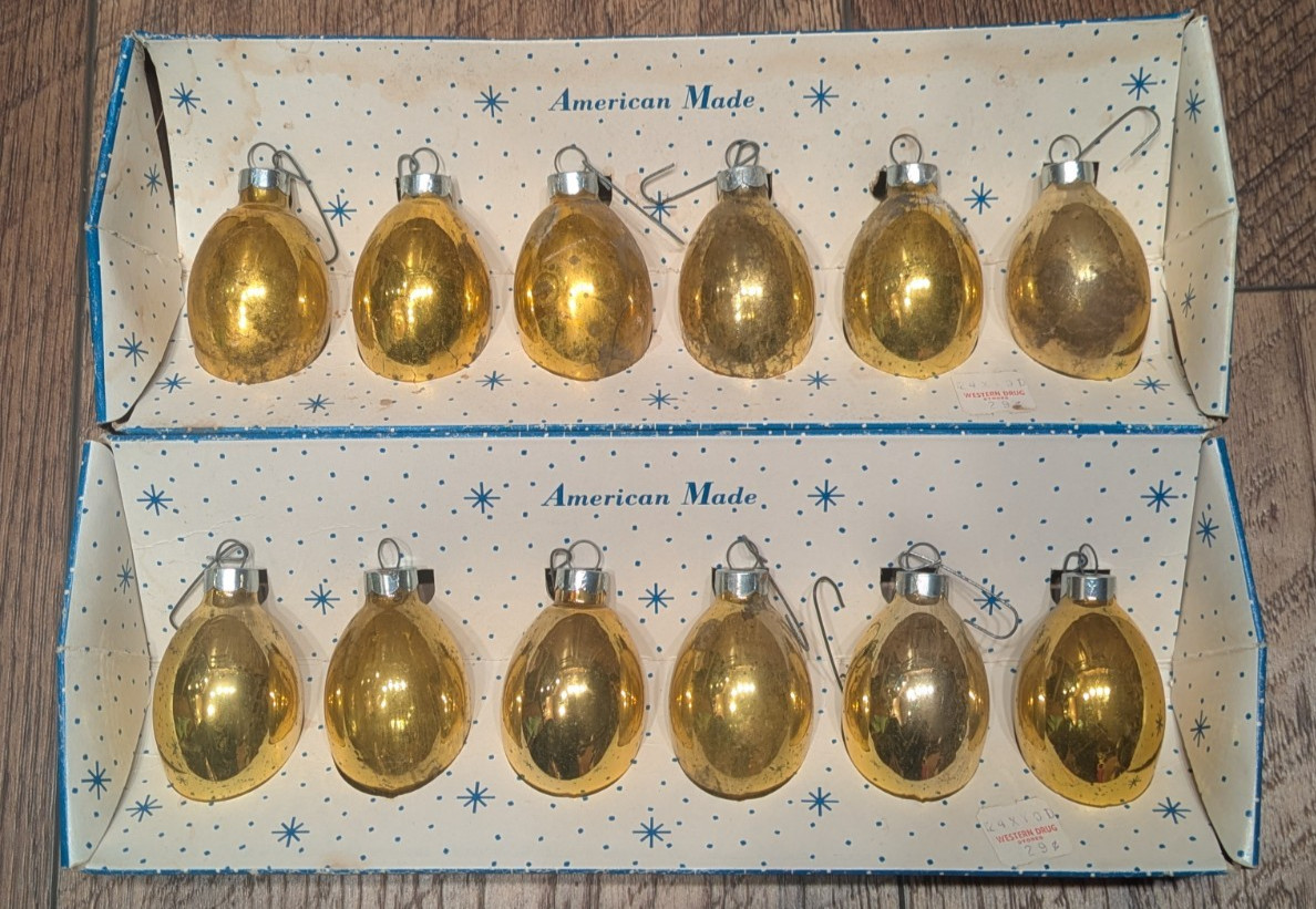 2 Vintage Boxes Paragon Mercury Glass Teardrop Christmas Ornaments GOLD (READ)
