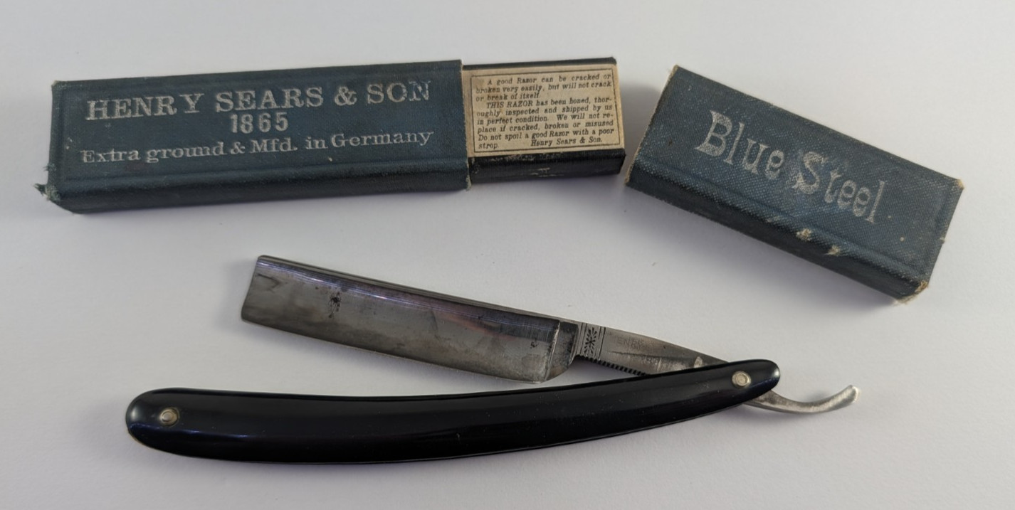 Henry Sears & Son Straight Edge Blue Steel Handforged Razor 1865 In Original Box Henry Sears & Son Straight Edge Blue Steel Handforged Razor 1865 In Original Box