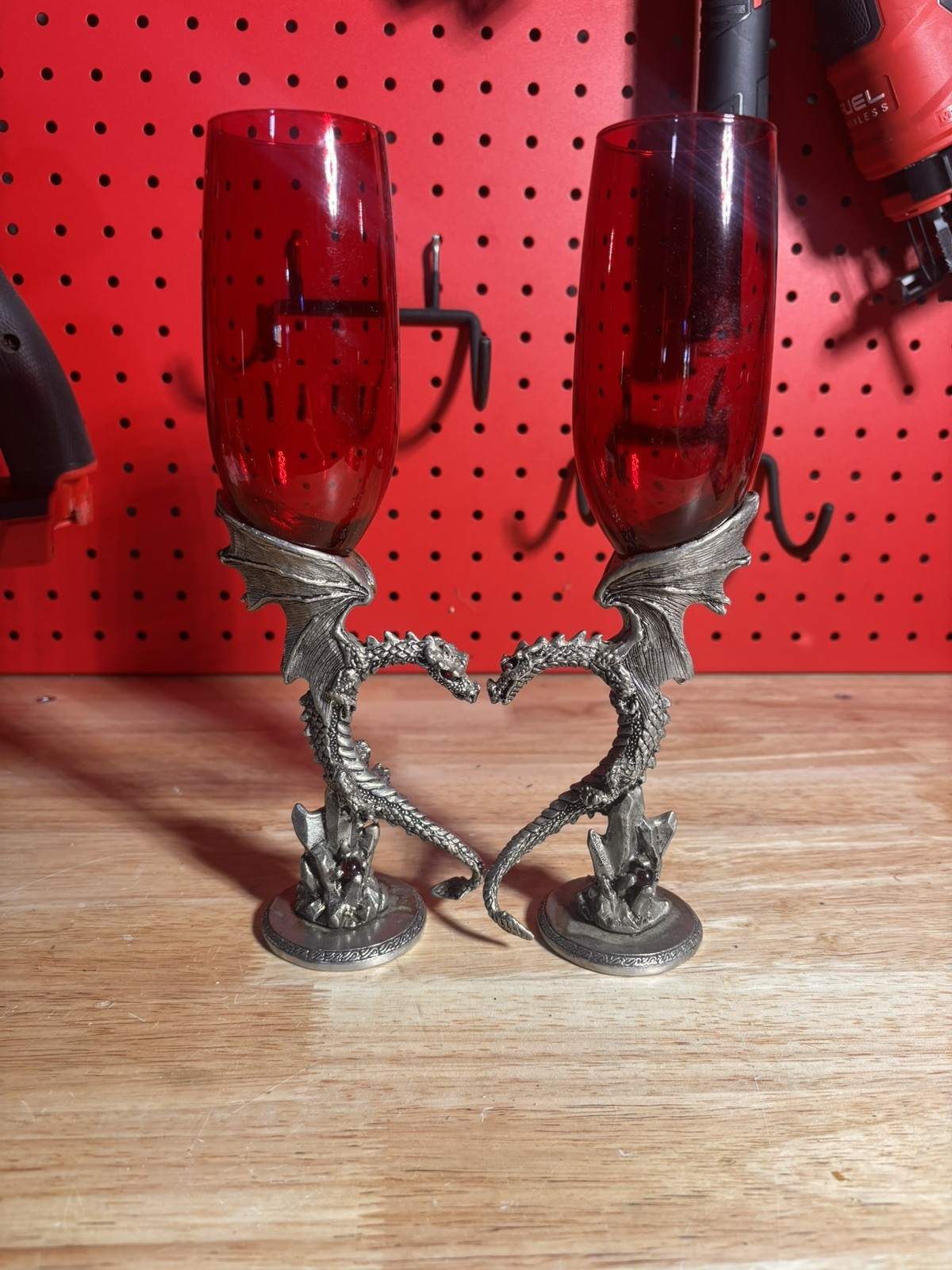 Dragon Heart Wings Pewter Flute Red Glasses Wedding Toast Anniversary US Made