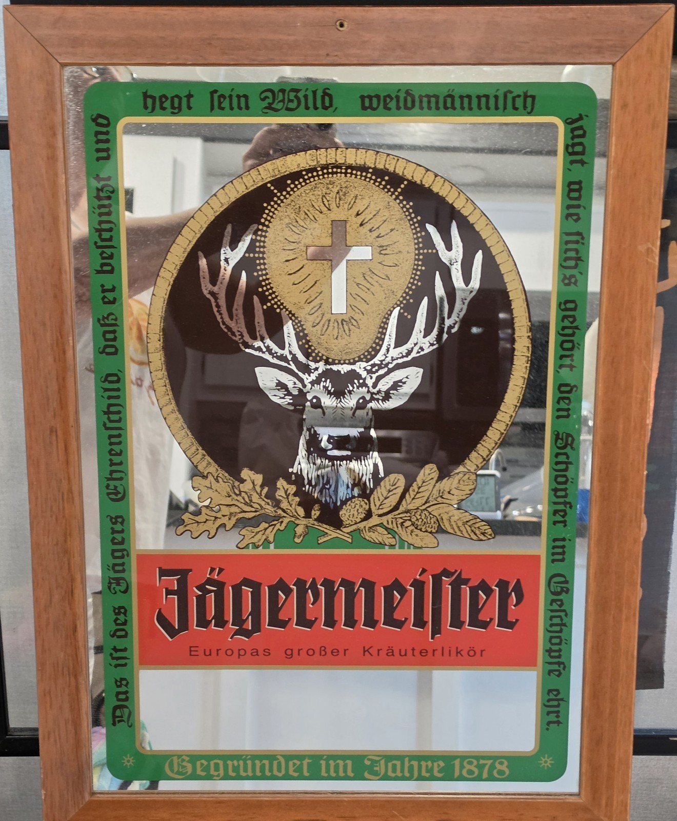 Vintage Jägermeister Framed Bar Mirror Sign Germany Stag Cross Wood Frame