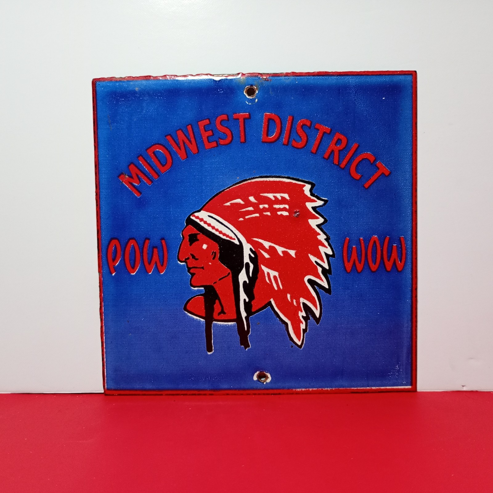 Vintage MIDWEST DISTRICT INDIAN Pow Wow Porcelain Enamel Sign 6\