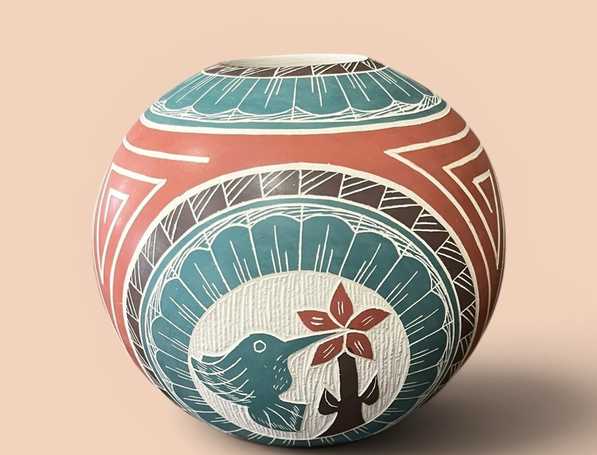 Mata Ortiz Pottery Hilario Quezada Jr Etched Hummingbird Seed Pot Art Mexico