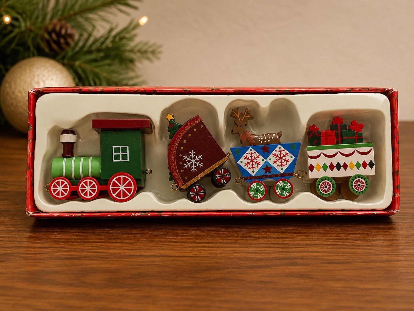Vintage Christmas Wooden Train Set 4 Piece Holiday Decor Reindeer Gifts Boxed