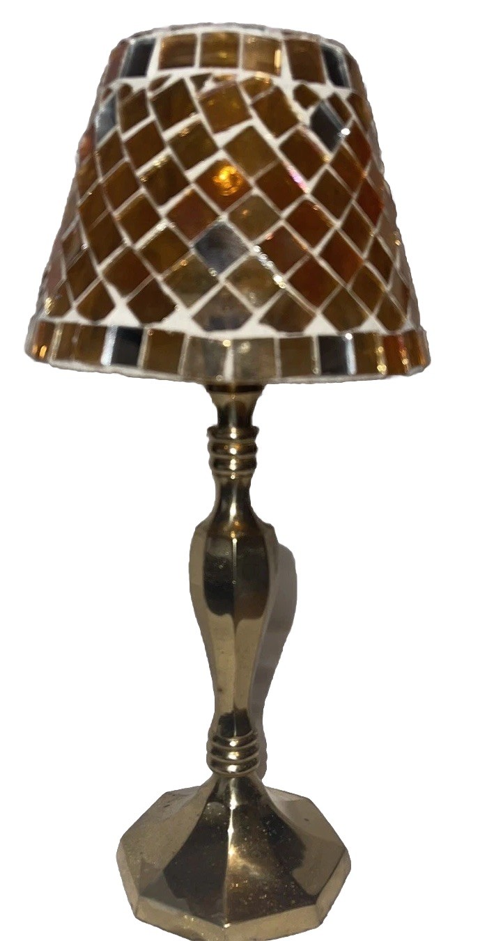 Vintage nice 10” Tall India Brass Candle Holder With Leaded Glass Shade