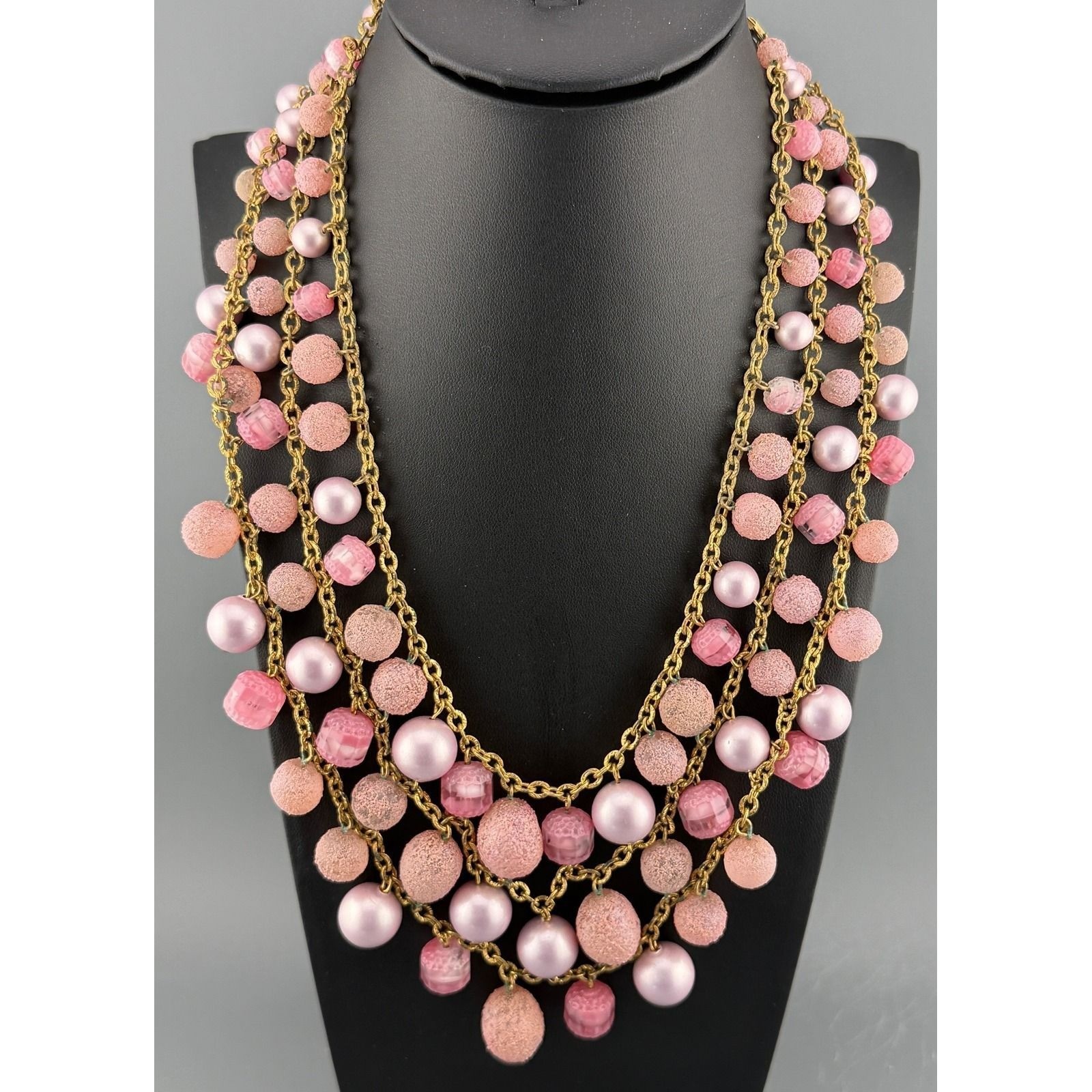 Vintage Kramer Necklace Triple Strand Pink Sugared and Glass Beads Faux Pearls