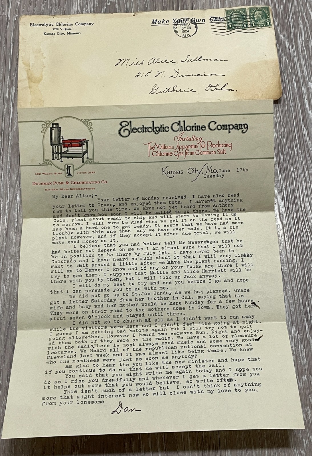 1924 Love Letter Alice Tallman OK ART DECO letterhead Electrolytic Chlorine Co
