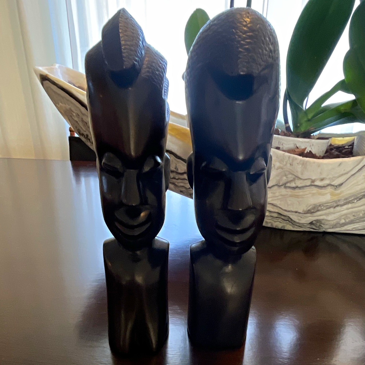12”Pair of African Carved Male Female Wooden Bust Heads Hand Carved Ebony Wood