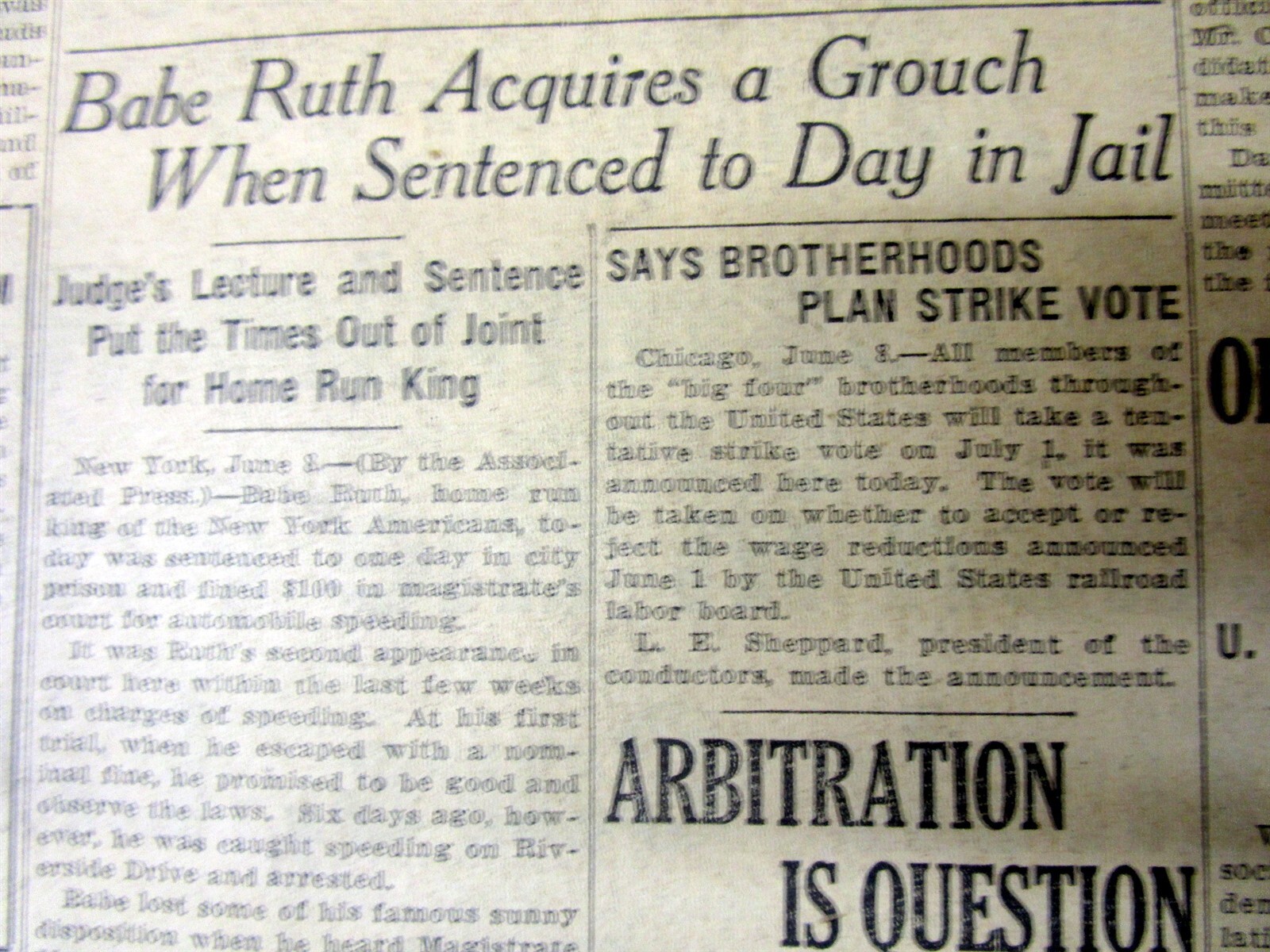 1921 newspaper NY Yankee star BABE RUTH sentenced to a DAY IN JAIL for SPEEDING