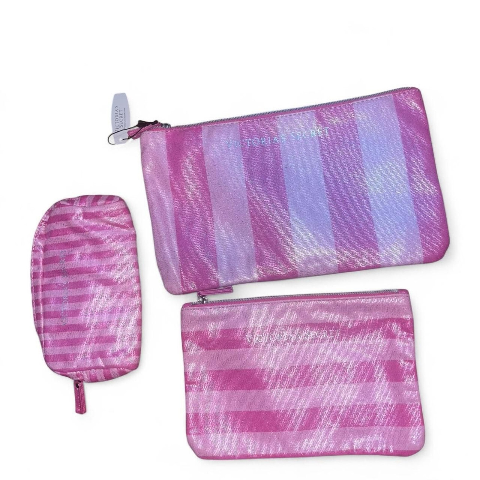 Vintage Victoria\'s Secret Pink Striped Travel Bag 3 pack Set NWT