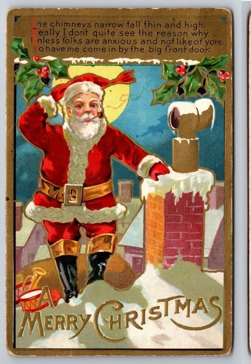 Red Robe ~Santa Claus on Snowy Roof  with Toys ~Antique Christmas Postcard~s545