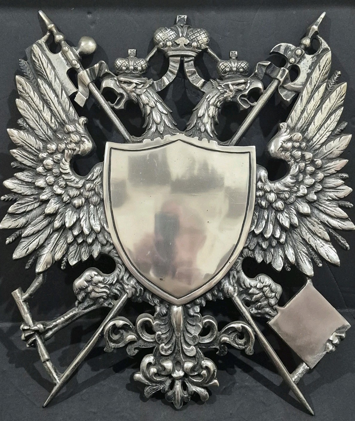 Vtg.Mid Century Coat Of Arms Wall Plaque Cast Aluminum Double Eagle Crest Shield