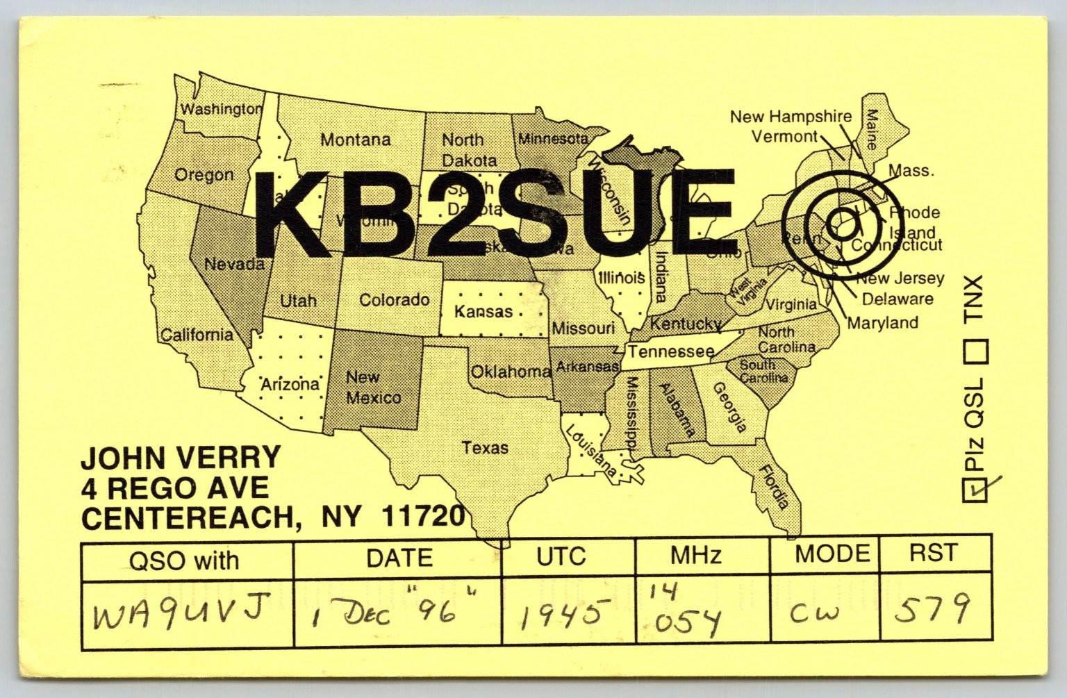 1996 KB2SUE Ham Radio QSL Postcard - Centereach NY to Waukesha WI A28