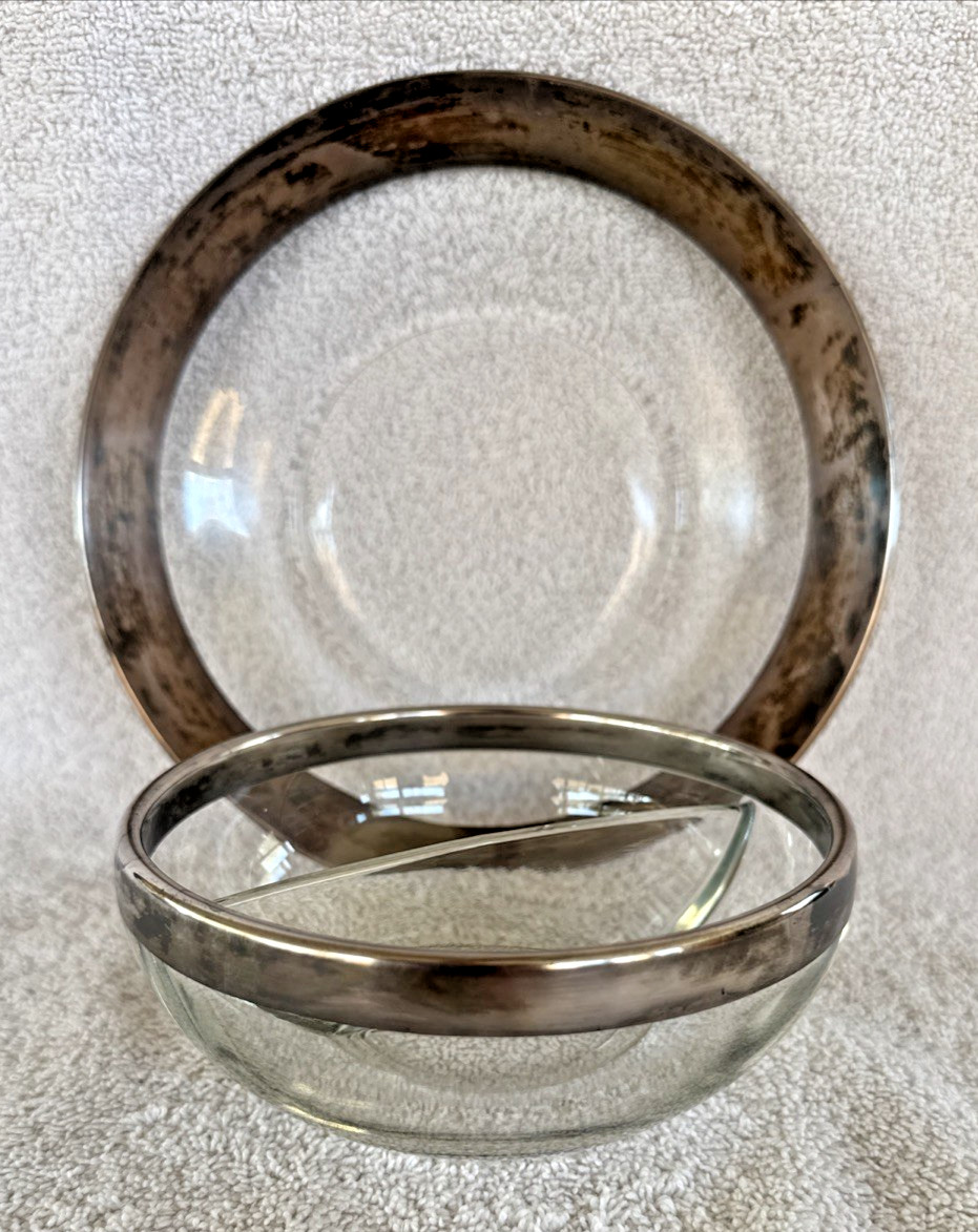 Vintage Mid-Century Patina Silver Banded Bowl and Saucer MCM 1940s 1950s 1960s