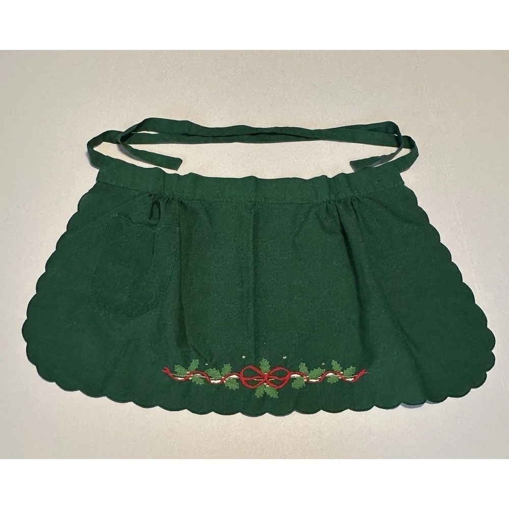 Vintage 1936 Green Half Apron With Holly Red Bows Linen Embroidered Christmas
