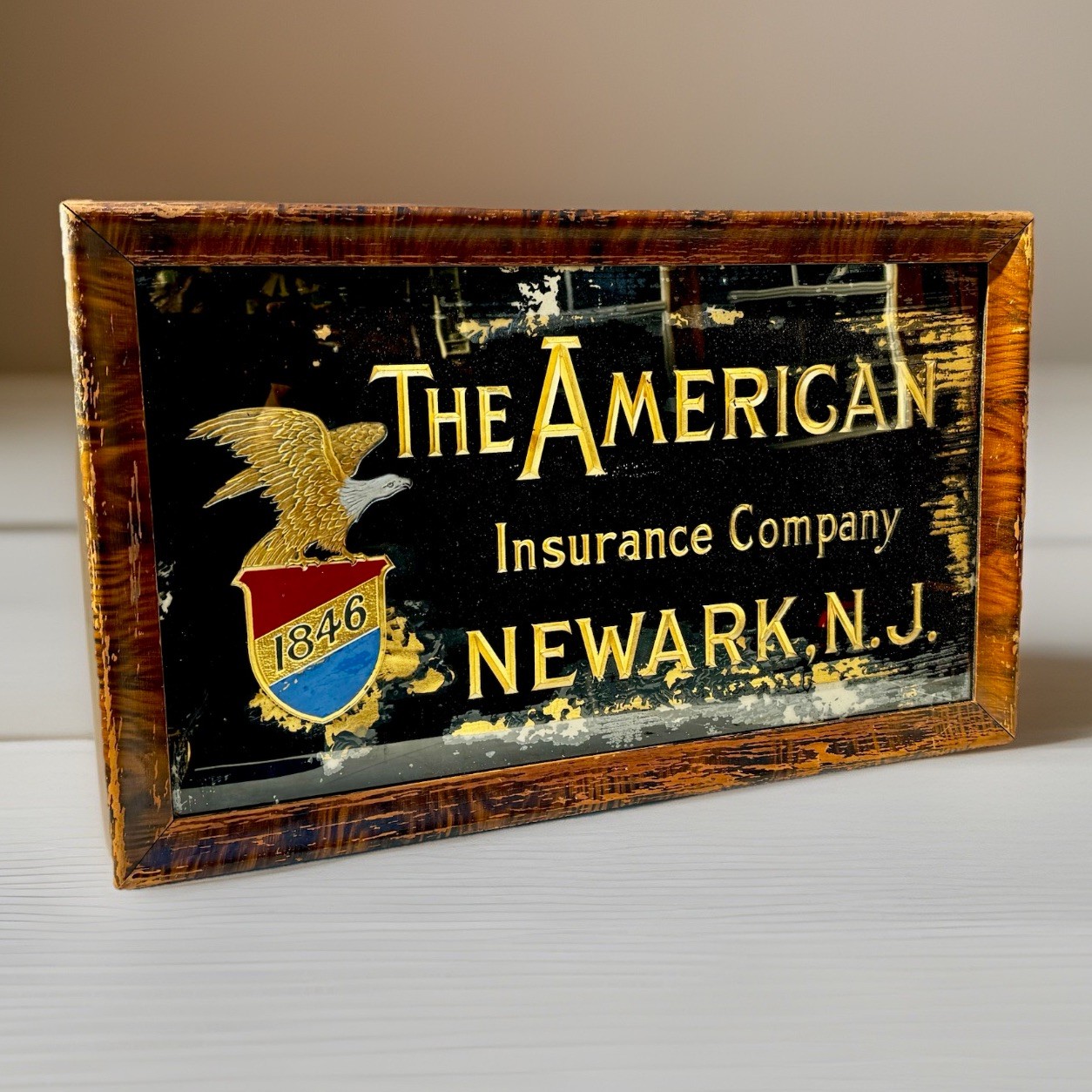Vintage American Insurance Co Sign Newark New Jersey NJ Reverse Painted Glass 
