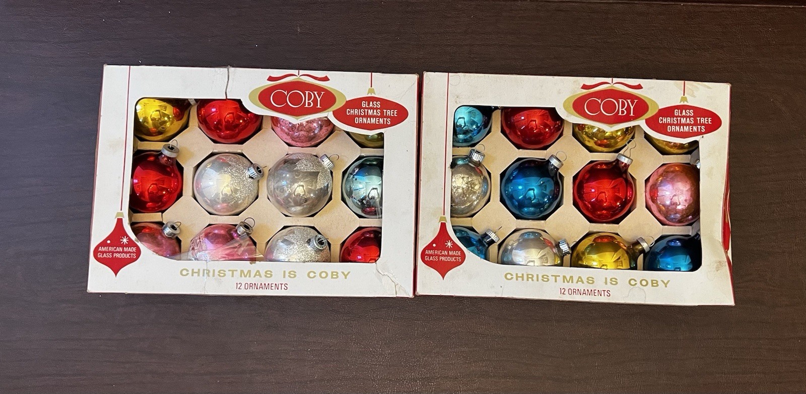 VTG Coby Glass 1.75” Ornaments 2 Boxes Various Colors Glass Christmas Ornaments